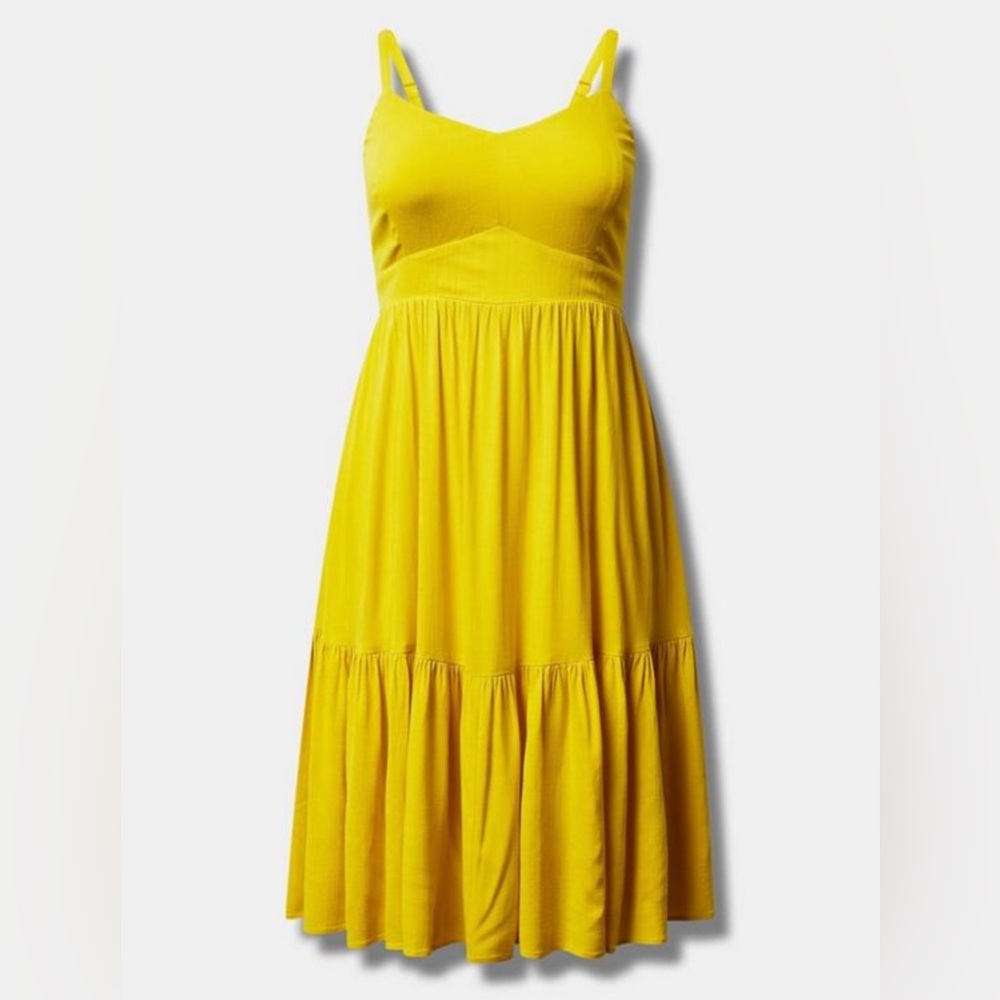 NWT Torrid plus size 4 26 Midi Rayon Slub Tiered Dress Yellow Sundress pockets